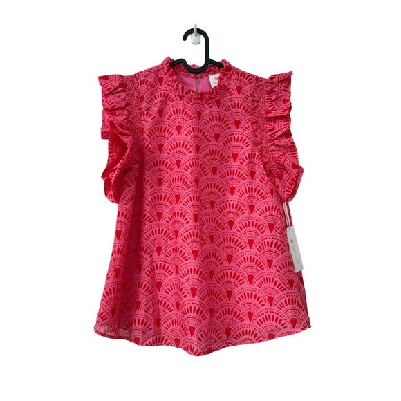 J Marie Pink Red Noelle Geometric Flutter Sleeve Preppy Blouse Size XSmall NEW - Picture 1 of 6